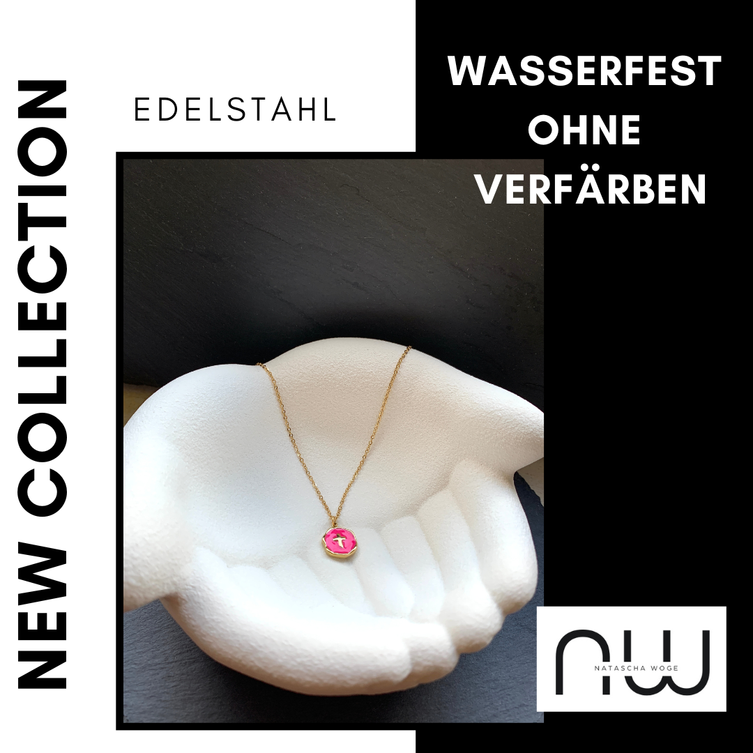 Kreuz Halskette mit pinkem Anhänger – Edelstahlschmuck in Gold – Natascha Woge®