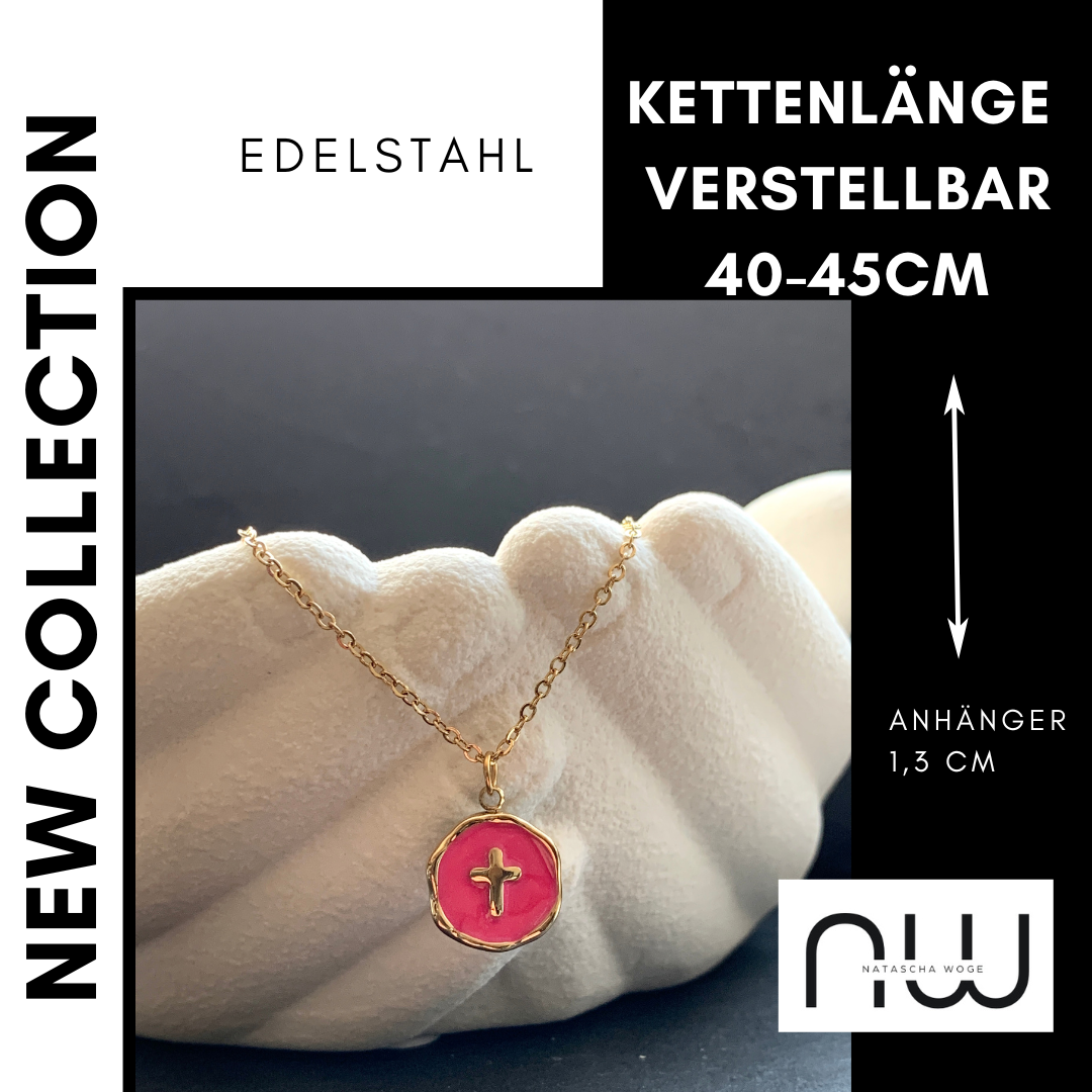 Kreuz Halskette mit pinkem Anhänger – Edelstahlschmuck in Gold – Natascha Woge®