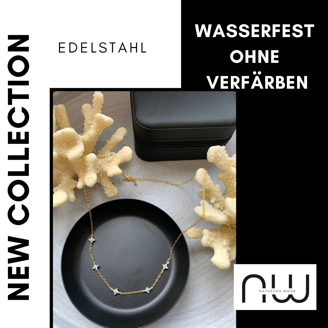 18K Gold Halskette mit blauen Blüten – minimalistische Charms – Natascha Woge®