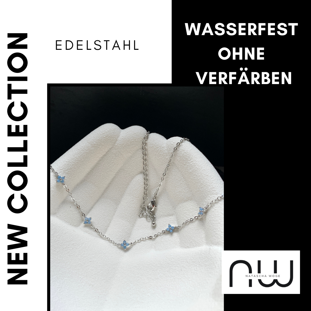 18K Gold Halskette mit blauen Blüten – minimalistische Charms – Natascha Woge®