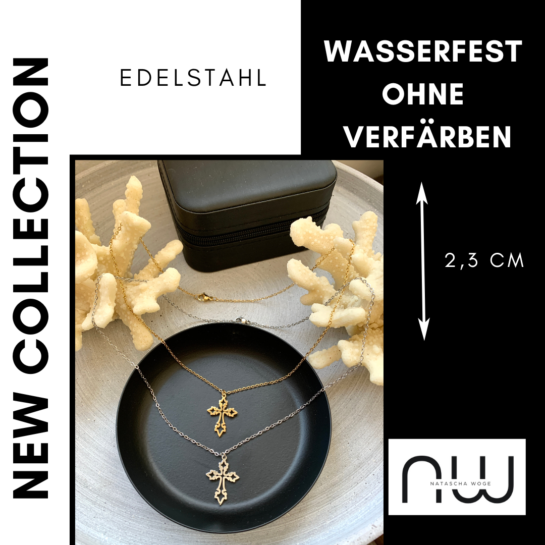 Kreuz Halskette – dezenter Edelstahlschmuck in Gold oder Silber – Natascha Woge®