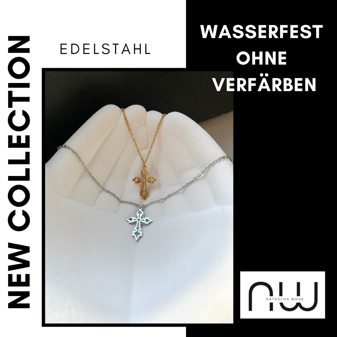 Kreuz Halskette – dezenter Edelstahlschmuck in Gold oder Silber – Natascha Woge®