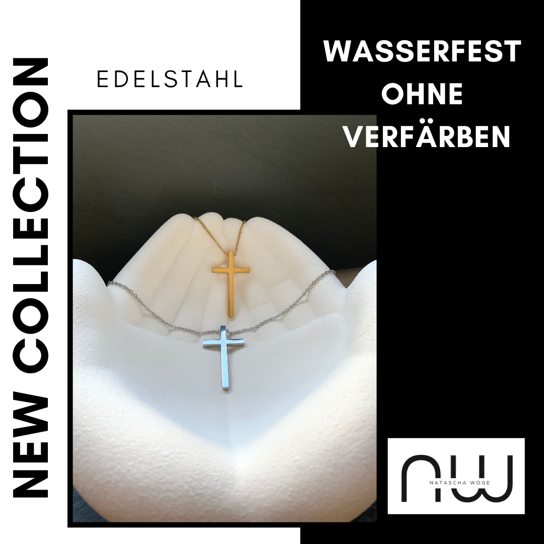 Große Kreuz Halskette – minimalistischer Edelstahlschmuck in Gold oder Silber – Natascha Woge®