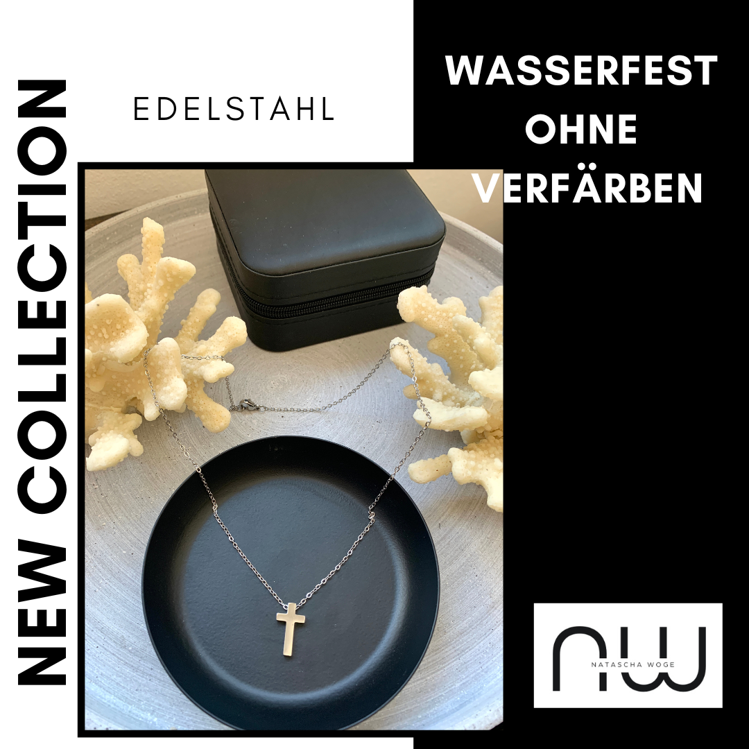 Kreuz Halskette – dezenter Edelstahlschmuck in Gold oder Silber – Natascha Woge®
