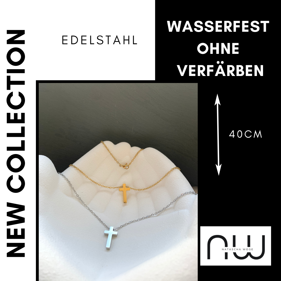Kreuz Halskette – dezenter Edelstahlschmuck in Gold oder Silber – Natascha Woge®