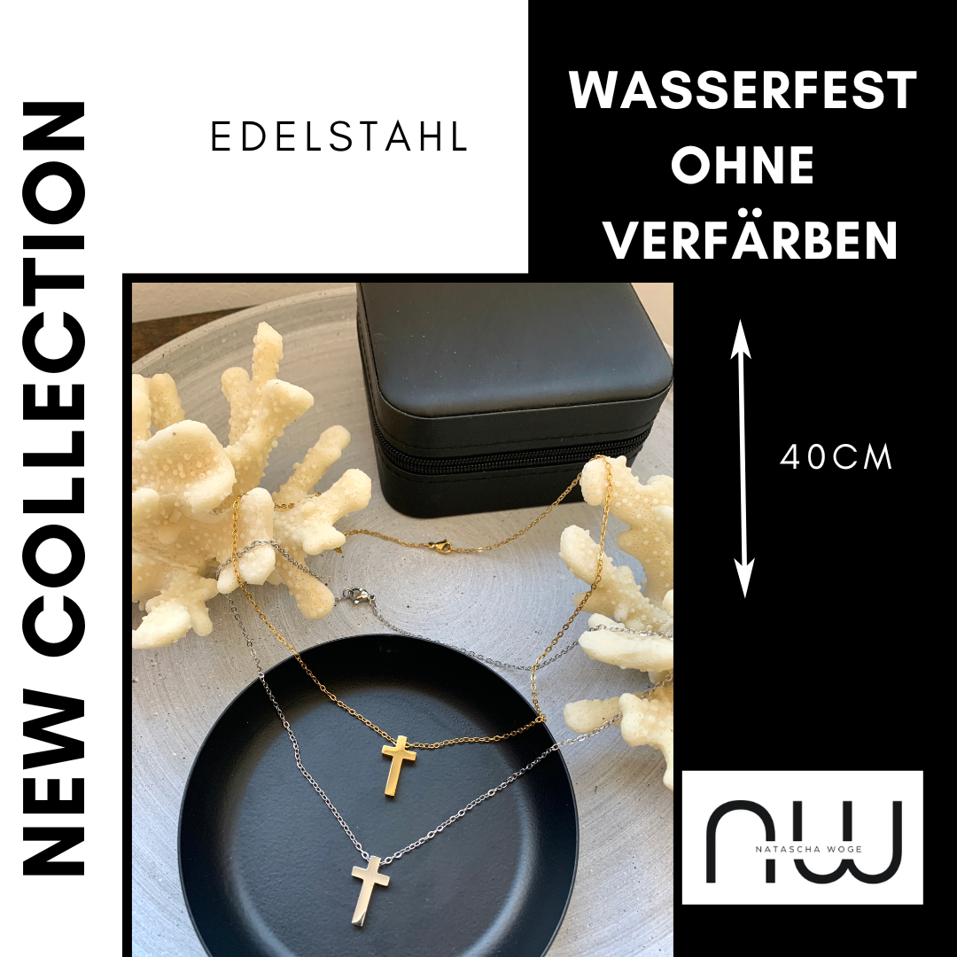 Kreuz Halskette – dezenter Edelstahlschmuck in Gold oder Silber – Natascha Woge®