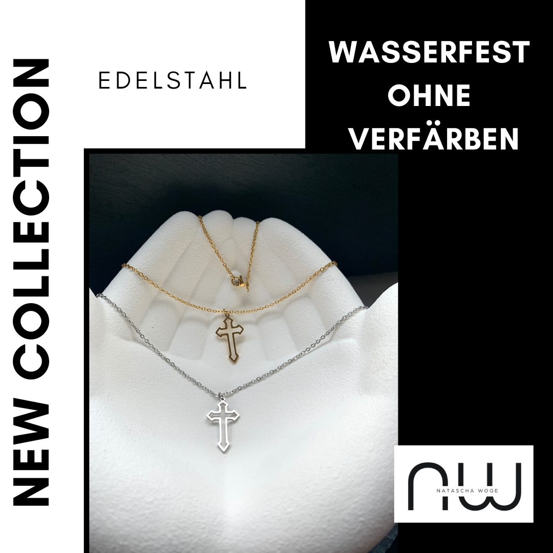 Kreuz Halskette – dezenter Edelstahlschmuck in Gold oder Silber – Natascha Woge®