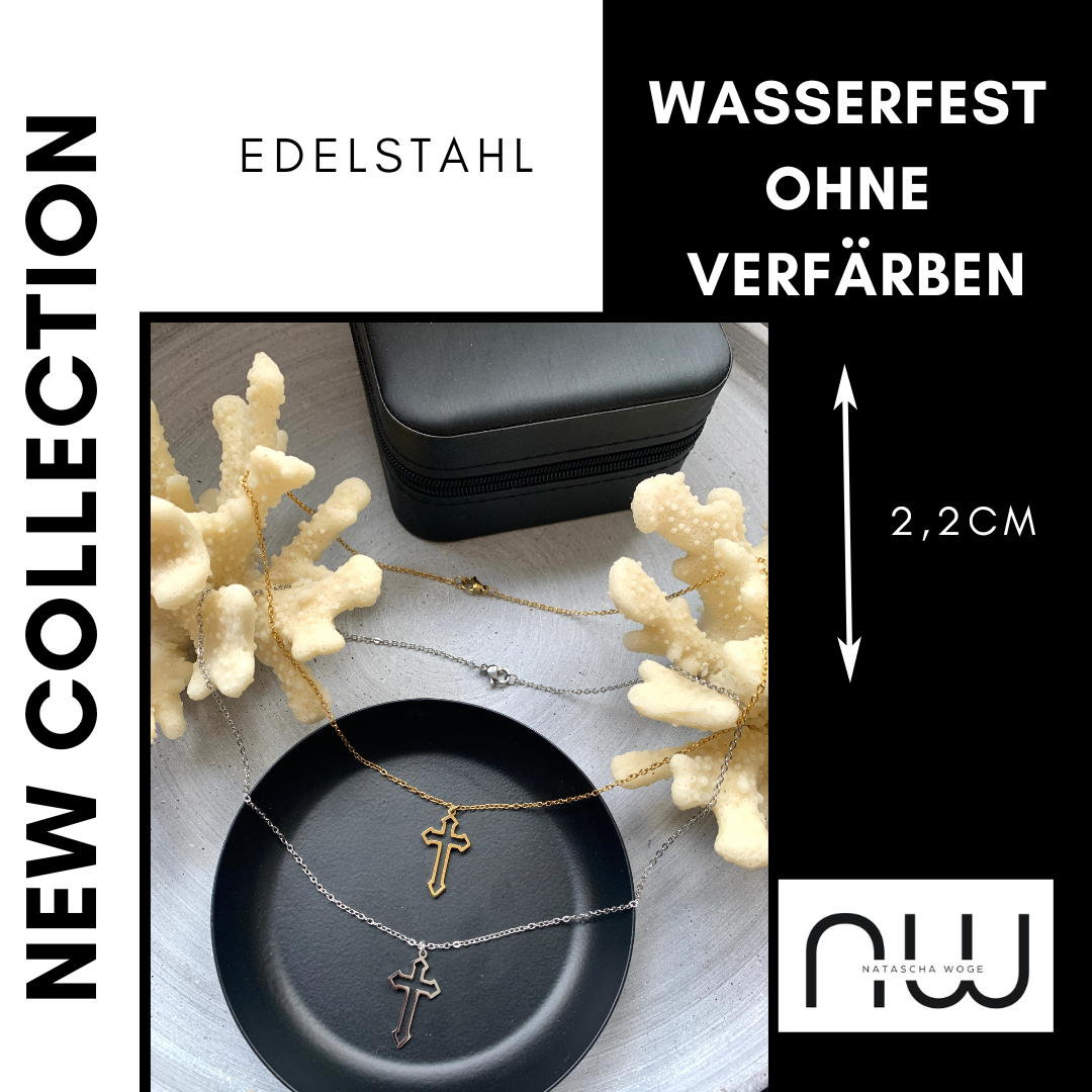 Kreuz Halskette – dezenter Edelstahlschmuck in Gold oder Silber – Natascha Woge®