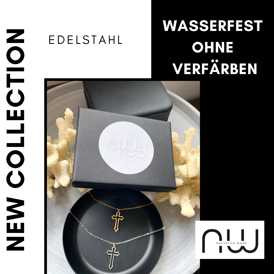Kreuz Halskette – dezenter Edelstahlschmuck in Gold oder Silber – Natascha Woge®