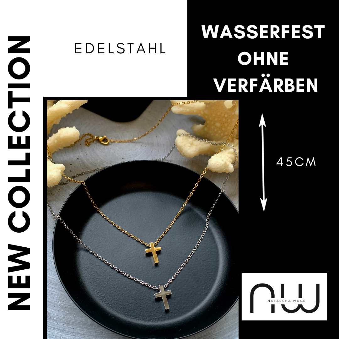 Mini Kreuz Halskette – dezenter Edelstahlschmuck in Gold oder Silber – Natascha Woge®