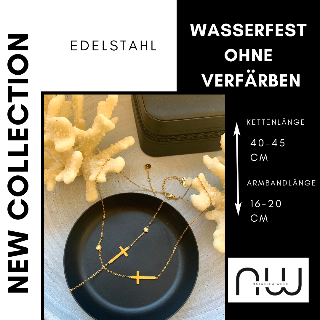 18K Gold Kreuz Schmuckset – Halskette & Armband mit Stein – Natascha Woge®