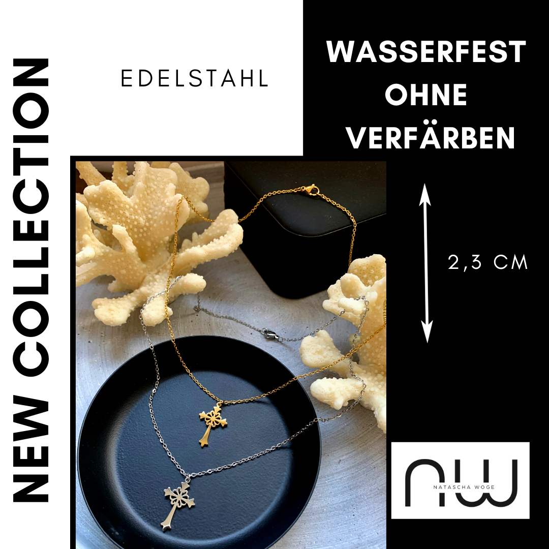 Kreuz Halskette – dezenter Edelstahlschmuck in Gold oder Silber – Natascha Woge®