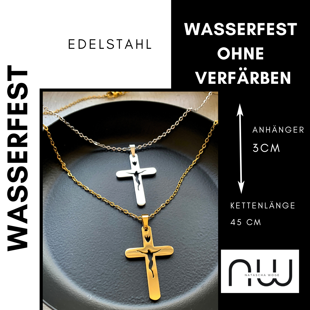 Jesus Kreuz Halskette – spiritueller Edelstahlschmuck in Gold oder Silber – Natascha Woge®
