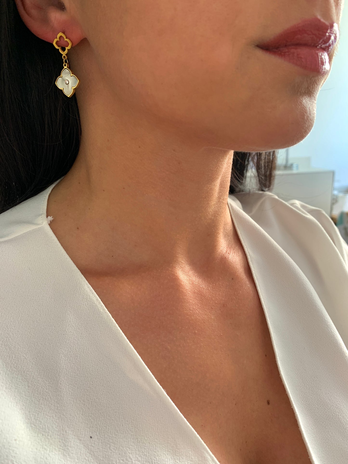 Kleeblatt Ohrringe Gold Schwarz Perlmutt Edelstahl Hängend Elegant Schmuck für Sie – NataschaWoge®