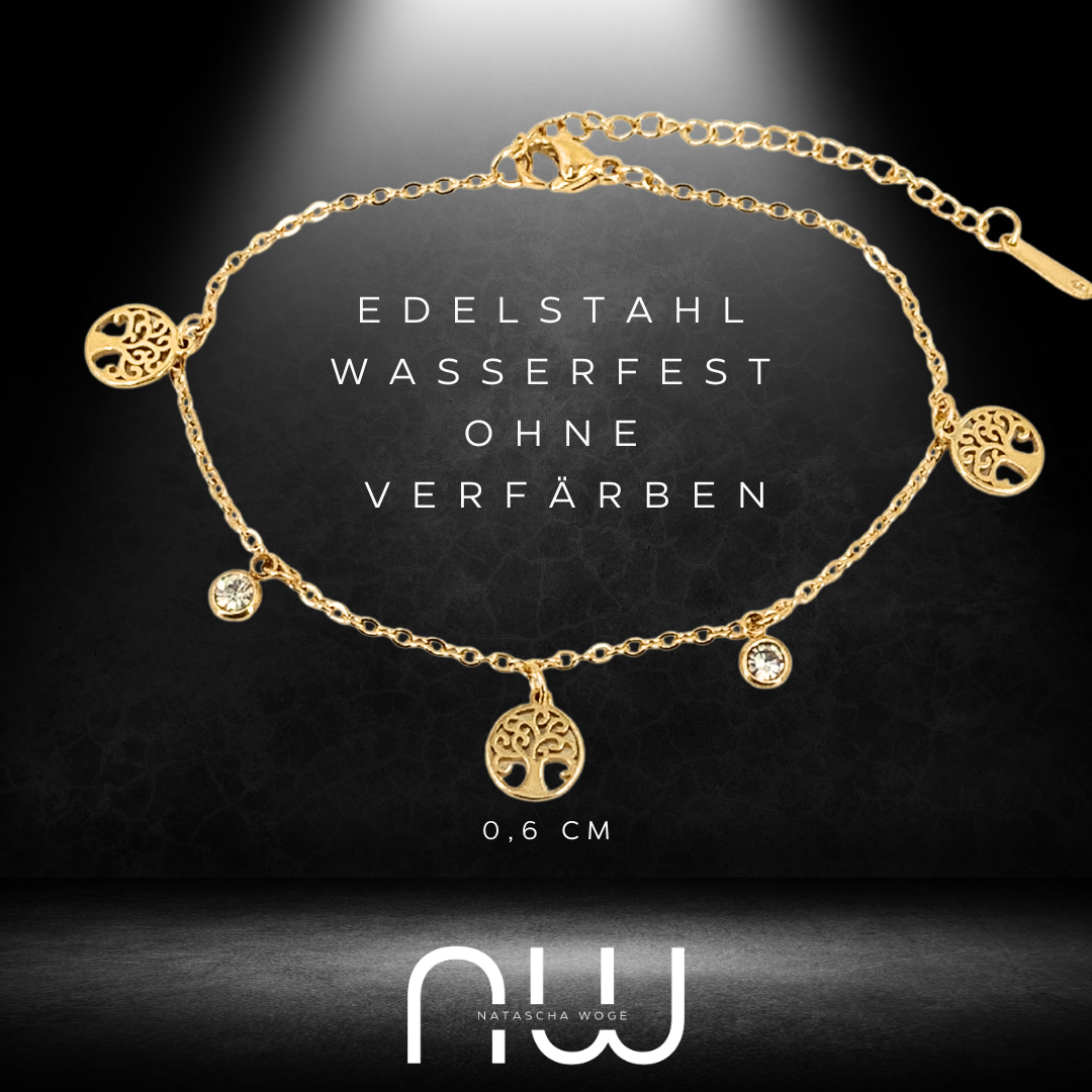 Lebensbaum Armband Damen – Filigranes Edelstahl Armkettchen mit Mini Lebensbaum Anhängern – wasserfest & nickelfrei – Gold oder Silber – NataschaWoge®
