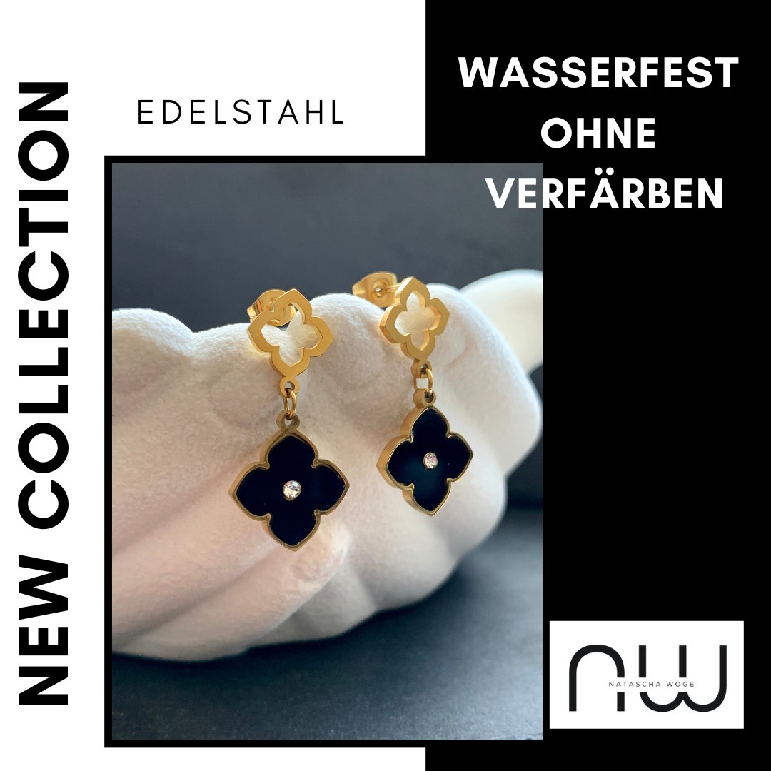 huggie-ohrringe-kleeblatt-gold-schwarz-edelstahl-damenschmuck